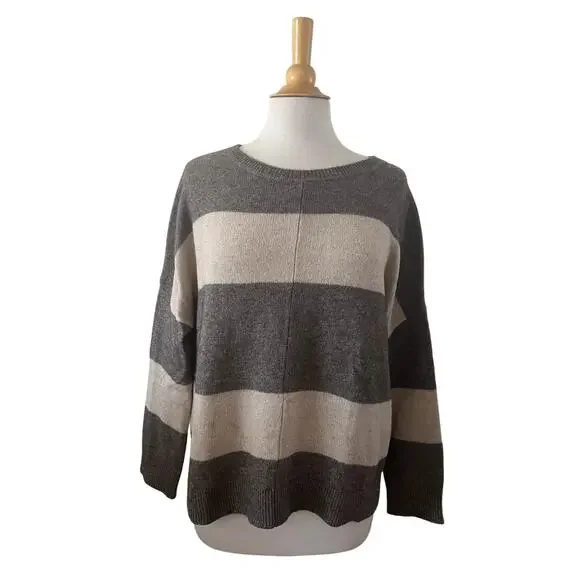 Vince Rugby Stripe Sweater Wool Yak Hair Blend Pullover Oversized Gray Cream M - Picture 3 of 6